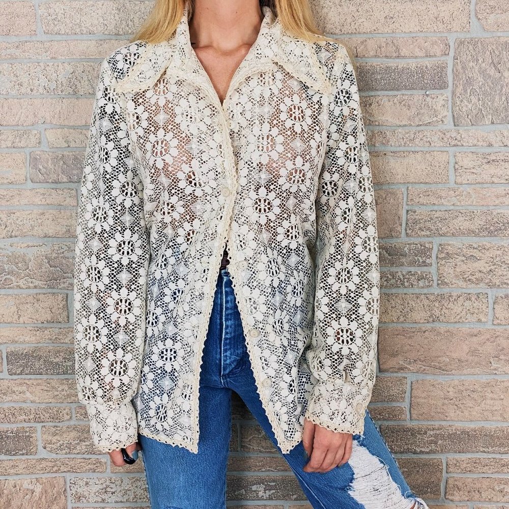 60's Sheer Lace Floral Blouse - Picture 2 of 6